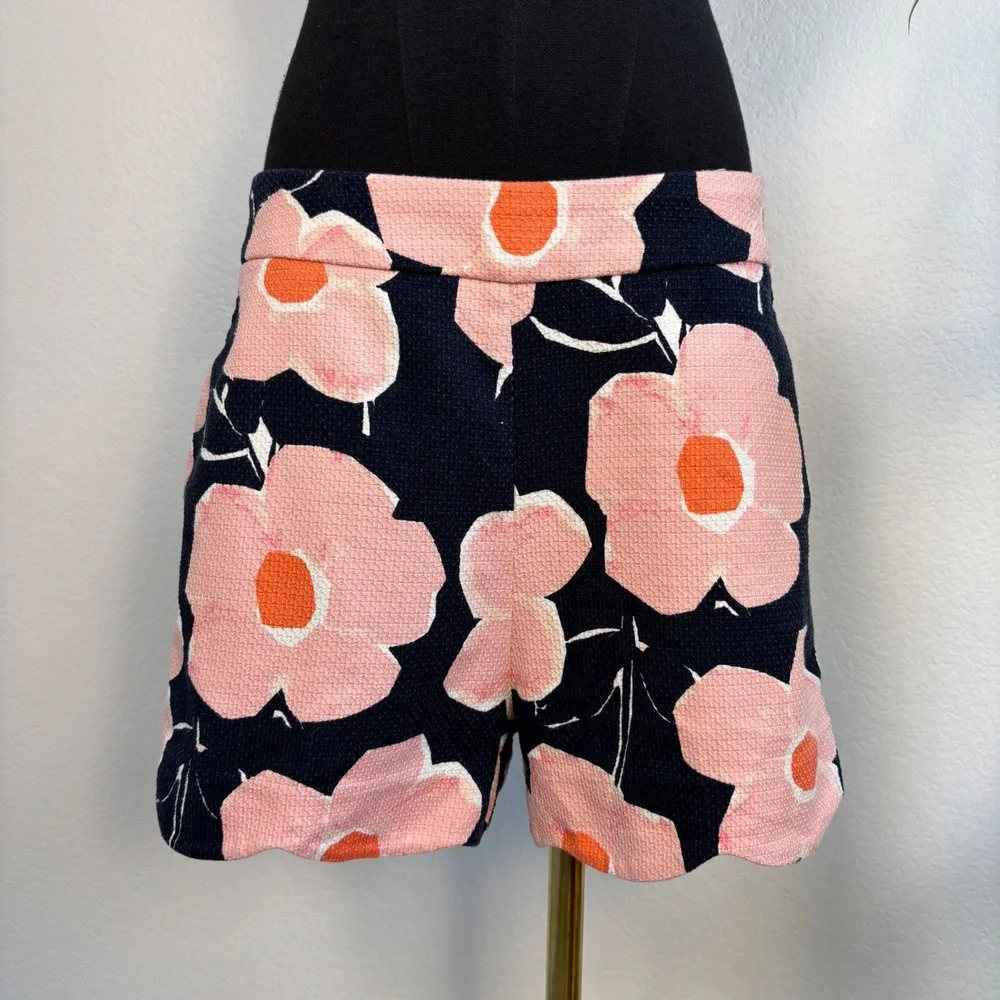 Anthropologie Georgie Scalloped Shorts Navy‎ Pink Floral High Rise Size 10